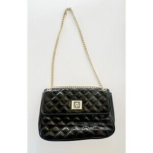 Anne Klein Quilted Black Patent Leather Gold Chain Handbag Purse Green Lining